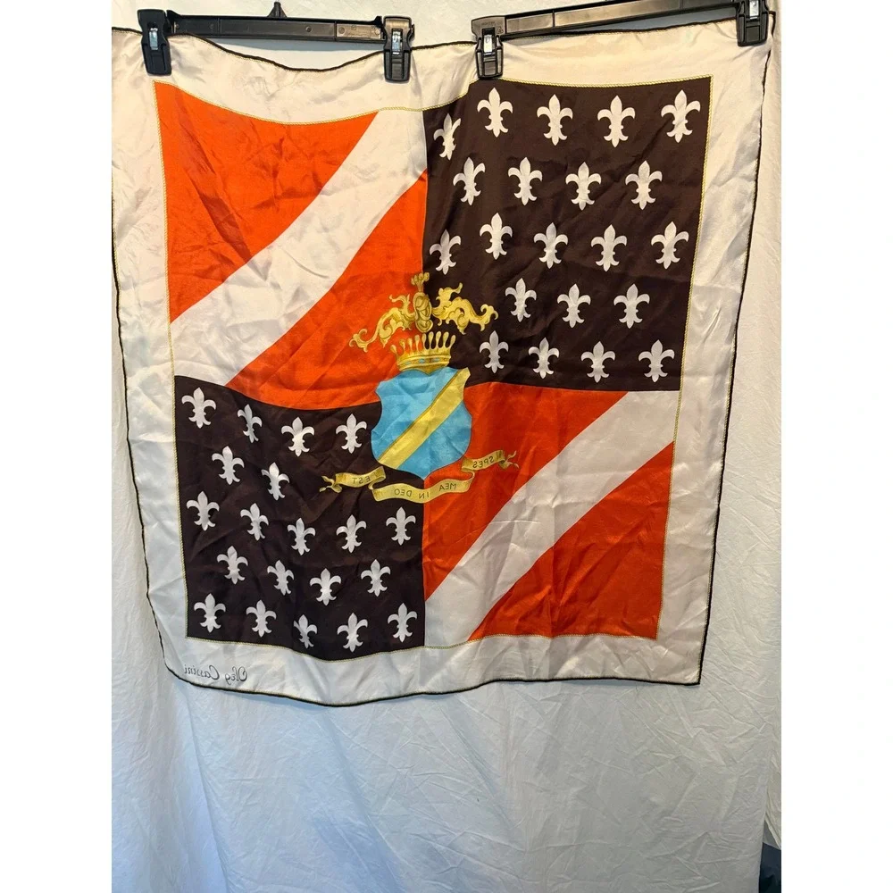 Oleg Cassini Vintage Silk Scarf Heraldic Crest Fleur De Lis Orange Brown White